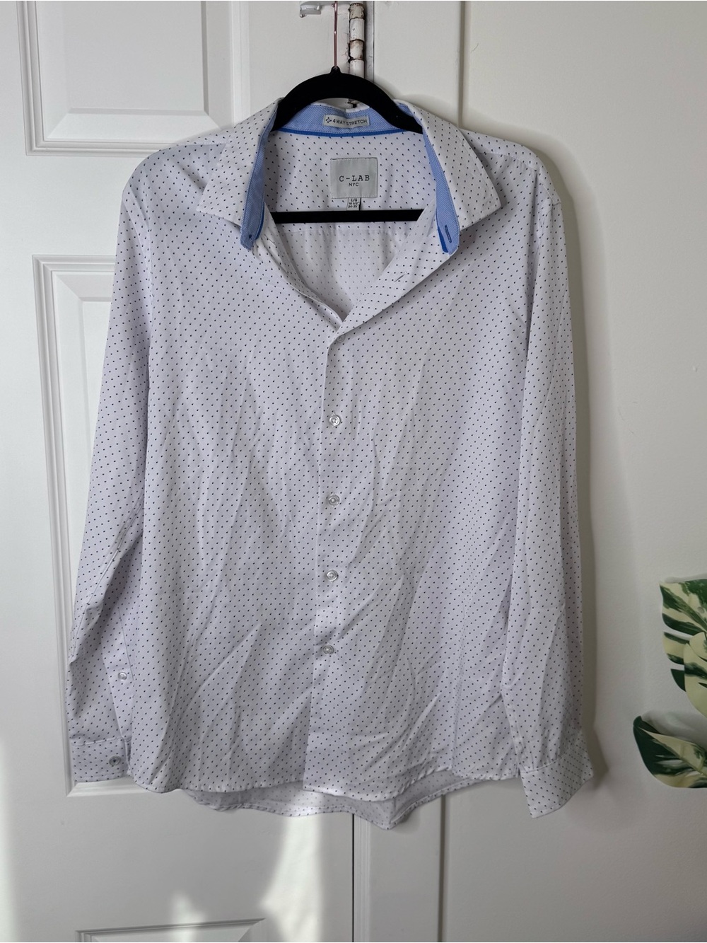 Men’s C Lab White Slim Fit Shirt with Navy Microdots